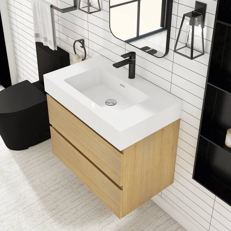 24/30/36 inch Wall-Mounted Bathroom Vanity Set in Oak with Integrated Resin Sink