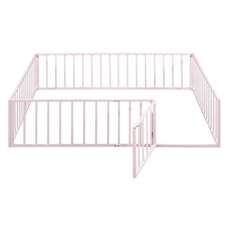 Queen Size Metal Floor Bed Frame with Fence and Door Perfect for Toddler