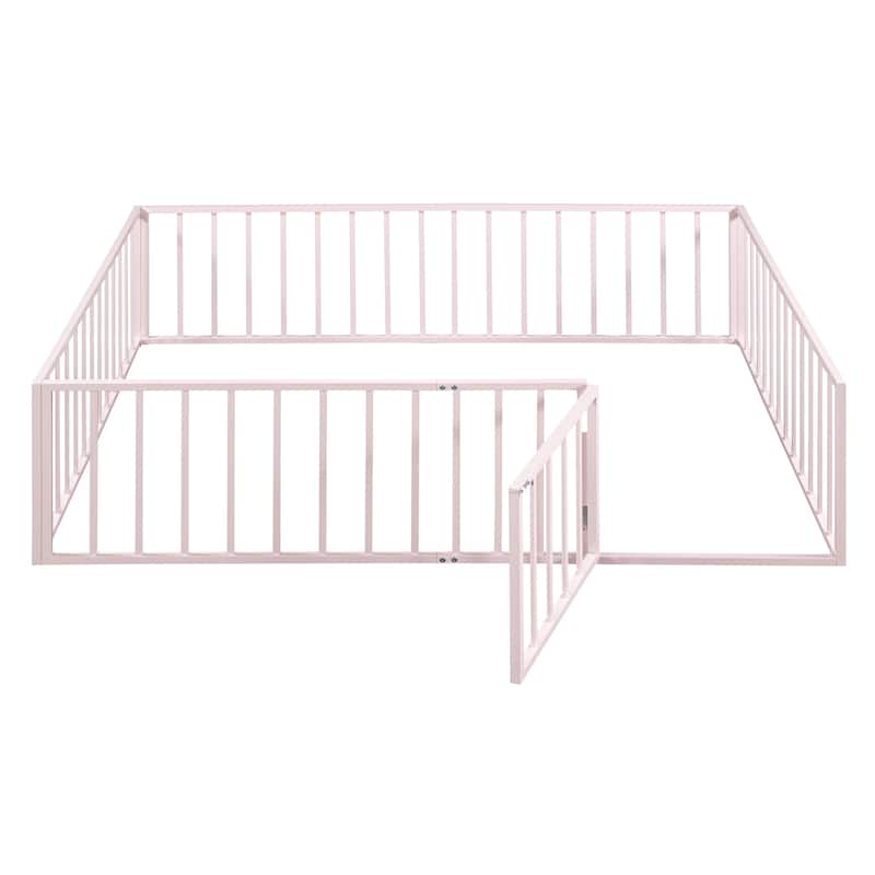 Roomfitters Queen Size Metal Floor Bed Frame with Fence and Door