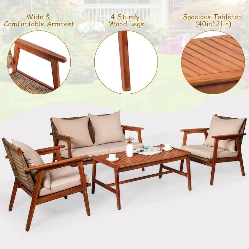 4 Piece Acacia Wood Patio Rattan Furniture Set with Cushions - 45" x 27.5"x 29.5" (L x W x H)