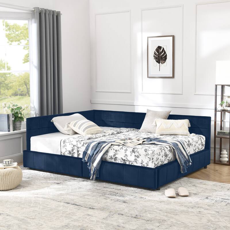 L-shaped Velvet Upholstered Daybed Tufted Sofa Bed with Soft Backrest Armrests - and Optional Corner Storage Day Bed