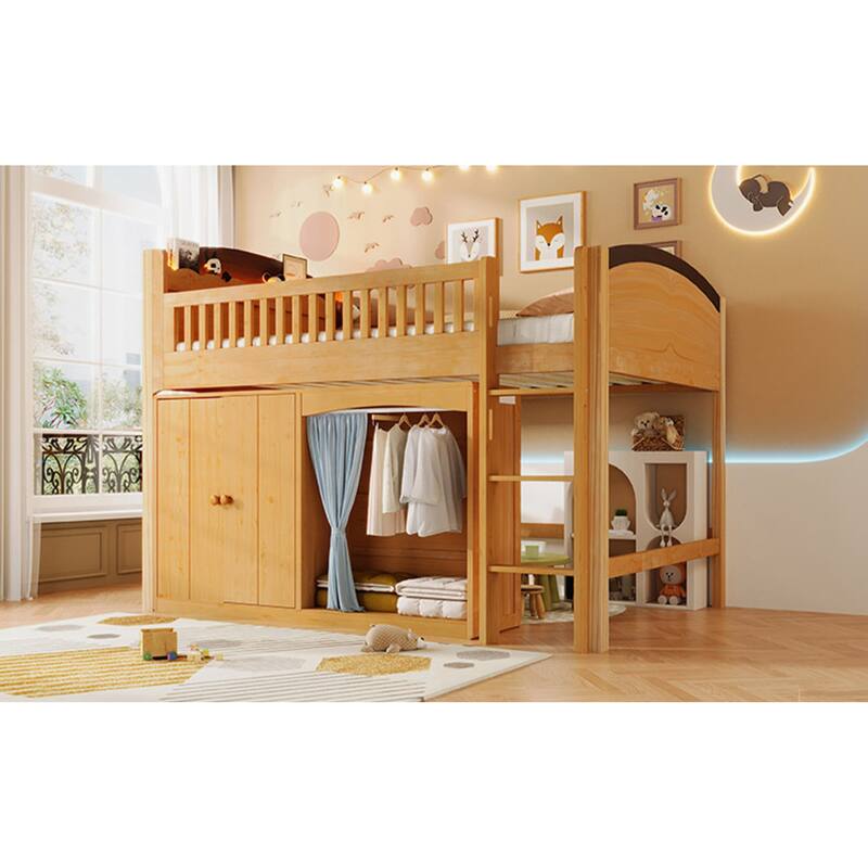 Roomfitters Twin/Full Size Loft Bed with Storage Cabinet, Wardrobe and LED Light