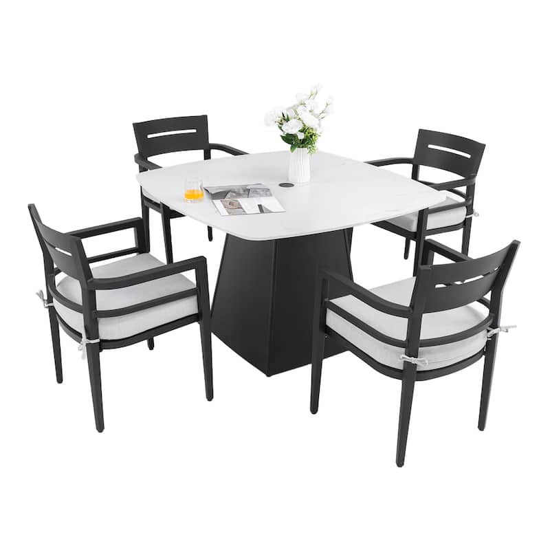 5-Piece Outdoor Aluminum Square Dining Set with Sintered Stone Top, 4 Chairs, Sunbrella Fabric