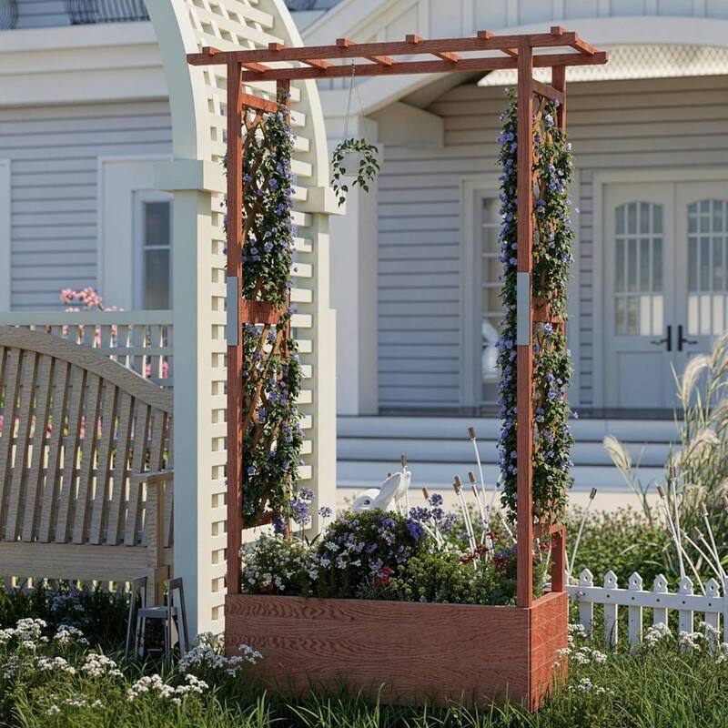 Freestanding Garden Bed Raised Wooden Planter Box with Trellis