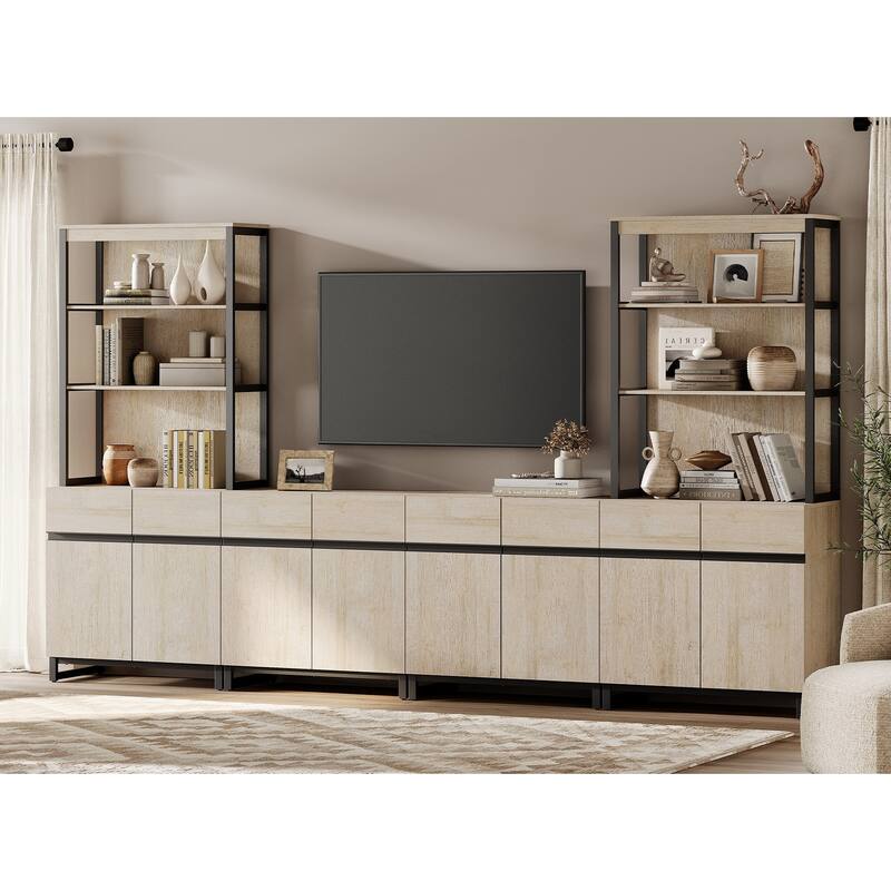 WAMPAT Modern TV Stand with 3 Tiers Bookshelf, Farmhouse Entertainment Center with 4 Large Storage Cabinets and Adjustable Shelf