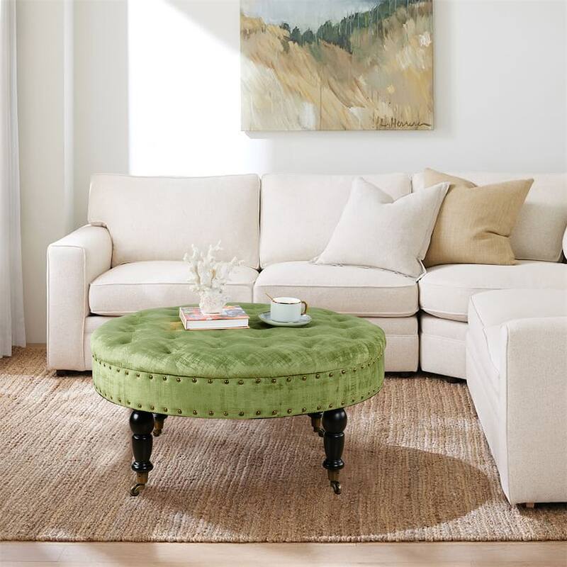 Round Velvet Tufted Coffee Table Ottoman, 34" x 34" x 17" H