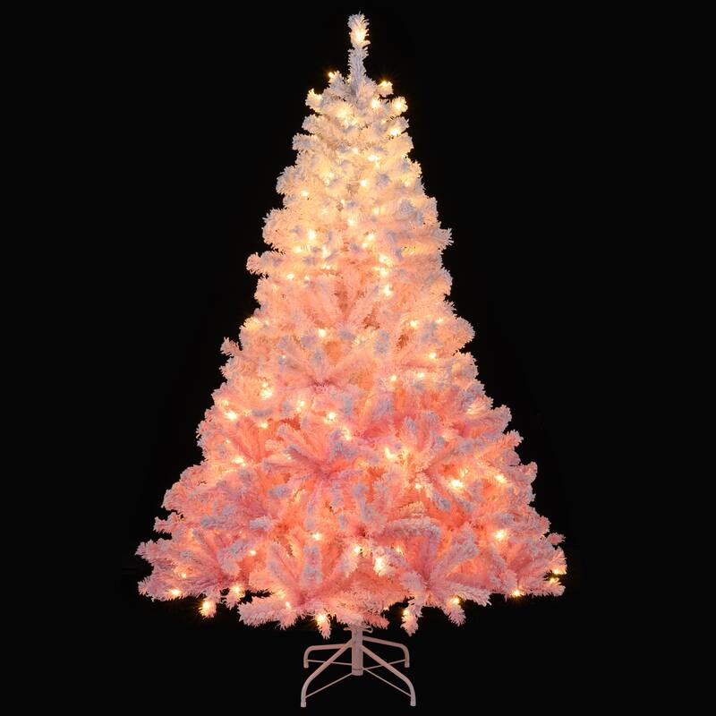 Gymax Artificial Christmas Tree Hinged Snow Flocked Xmas Tree w/ - Pink, White