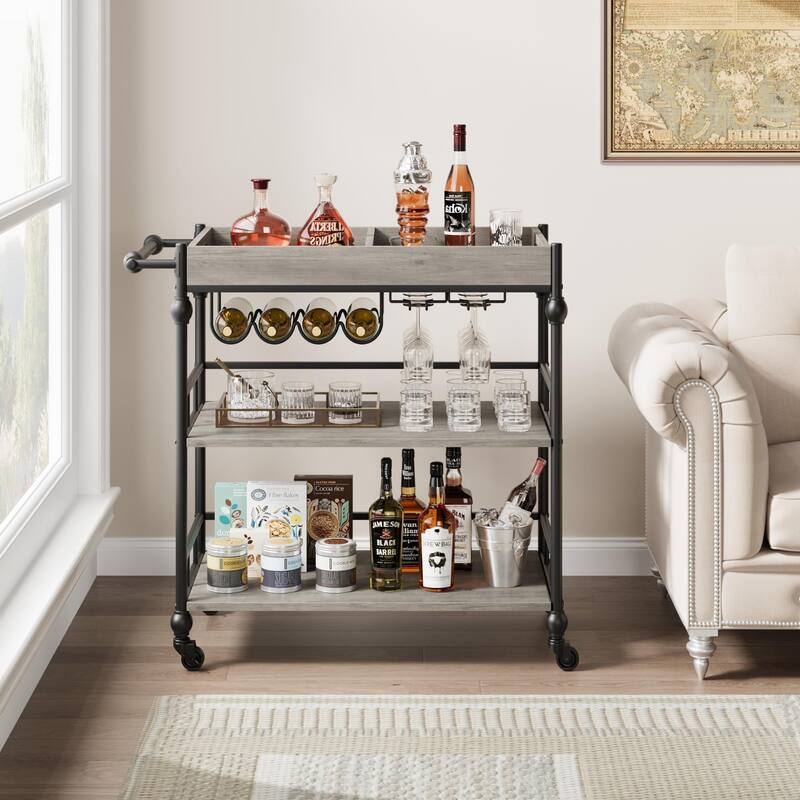 Farmhouse 3 Tier Bar Cart with Removable Tray for Kitchen - 15.7"D x 35.4"W x 34.1"H