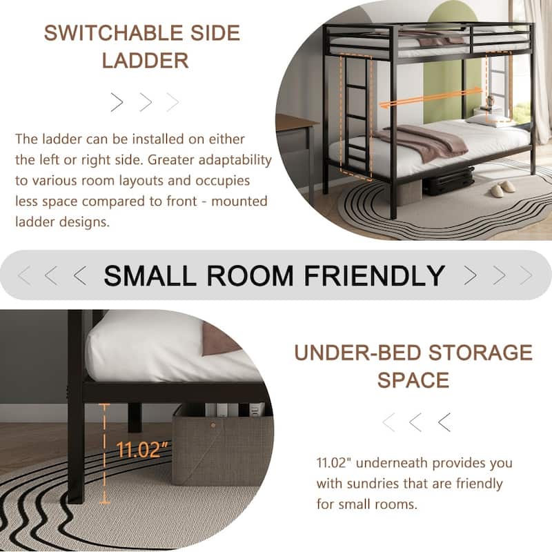 Sturdy Metal Black Twin Over Twin Bunk Bed with Ladder and Guardrails