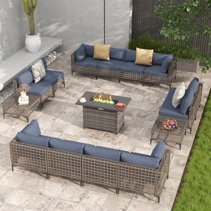 12 - Person Outdoor Sectional Seating Group with Fire Pit - Blue/Grey