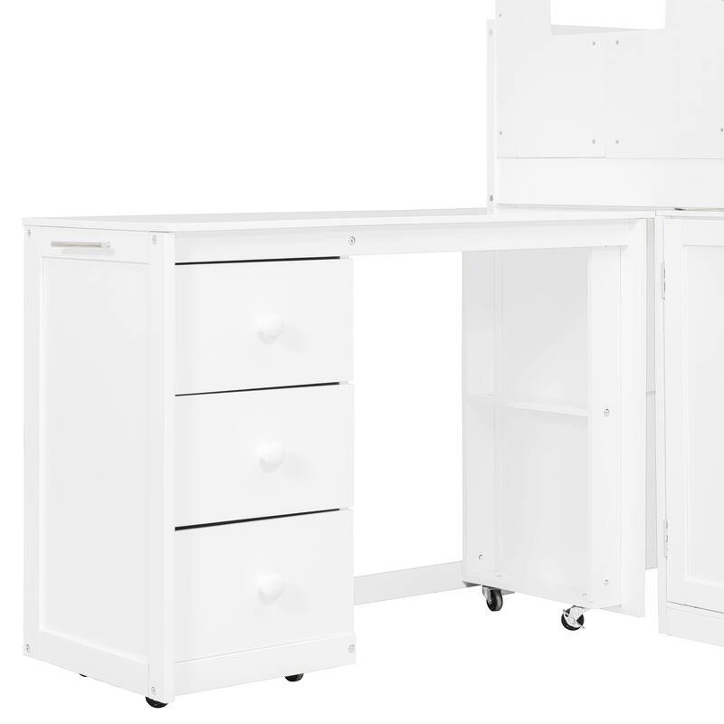 Twin Wood Loft Bed with Desk, Drawers & Cabinets, Space-Saving Design