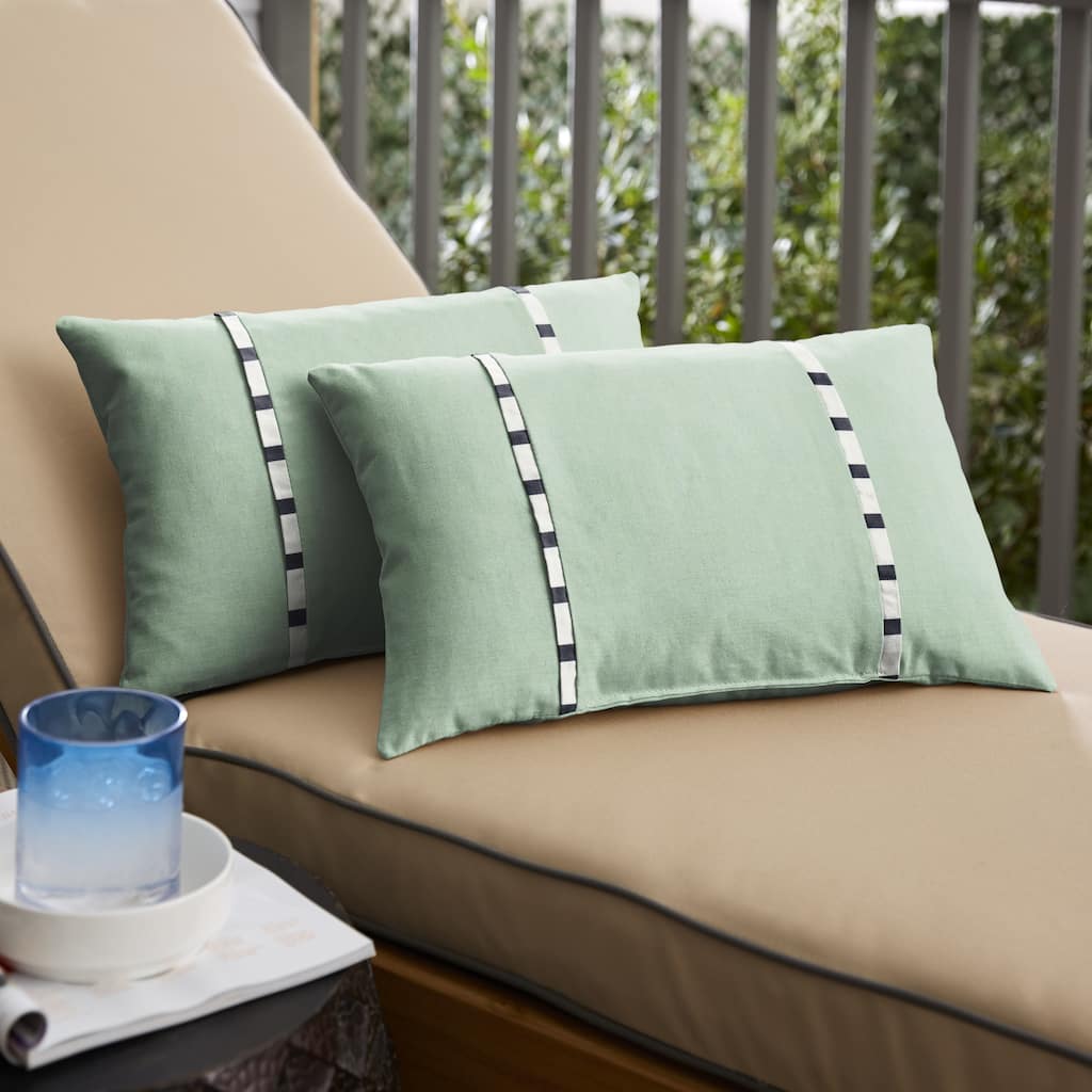 Sunbrella Spa Green with Blue Stripes Outdoor Lumbar Pillows Set of 2