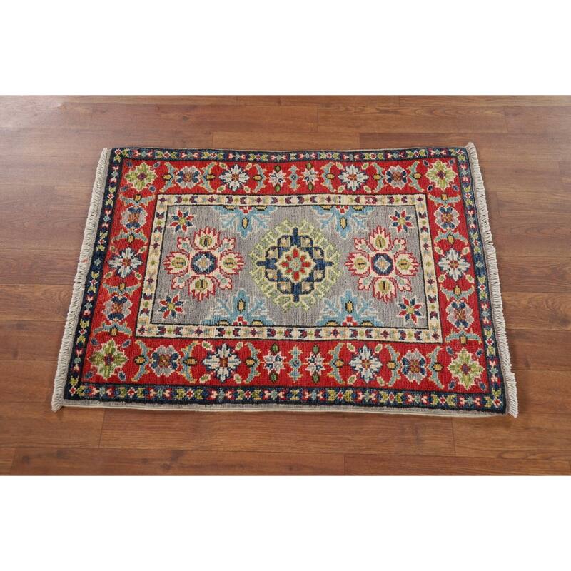 Hand Knotted Oriental 100% Wool Carpet Traditional Geometric Greys & Charcoal Kazak Area Rug - 2' 9'' X 2' 1''