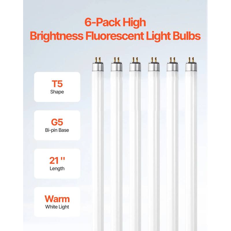 White 21 inches T5 Fluorescent Bulbs 6-Pack Warm White 1100 Lumens - 20.91 L x 0.63 W x 0.63 H