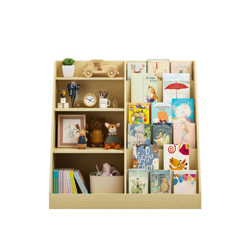 Kids Bookshelf and Toy Storage Organizer, Multifunctional 4 Tier Wooden Kids Book Shelf with Bookcase Display Stand