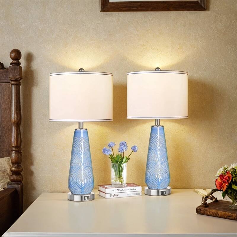 27" Table Lamp Touch Control,Tall Blue Art Ceramic Bedside Lamp.2PCS