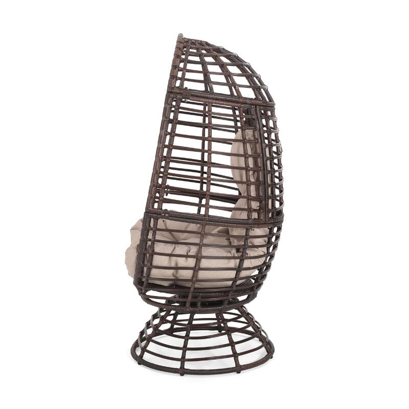 Swivel Outdoor Egg Chair, Brown PE Woven Rattan, Iron, Beige Polyester