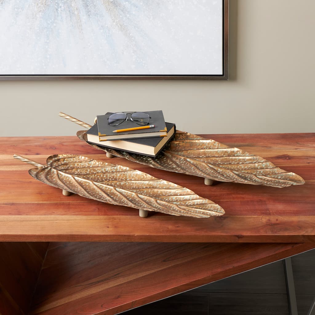 Copper Metal Textured Leaf Living Room Decor Tray with Patina Accents and Elevated Feet (Set of 2)
