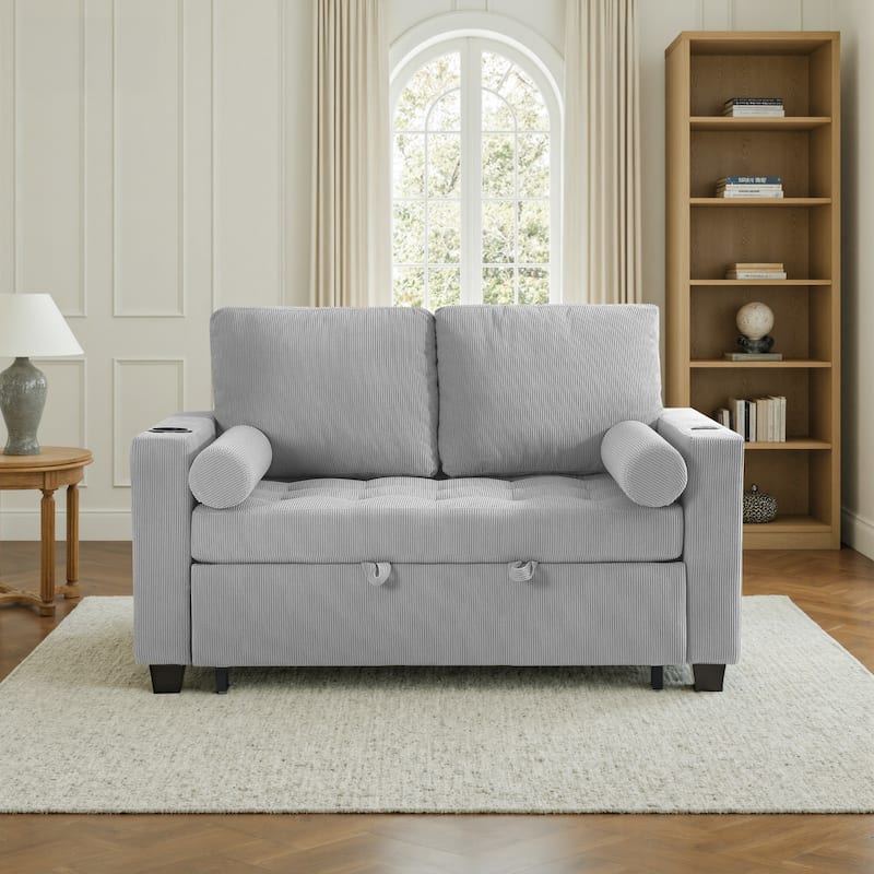 Corduroy Convertible Loveseat Sofa Bed Recliner with Cup Holder, USB Ports