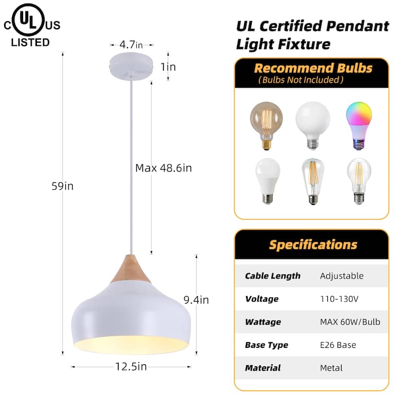 Aurora 13 in. 60-Watt 1-Light Pendant Light with Metal Round Shade and Natural Rubber Wood Top