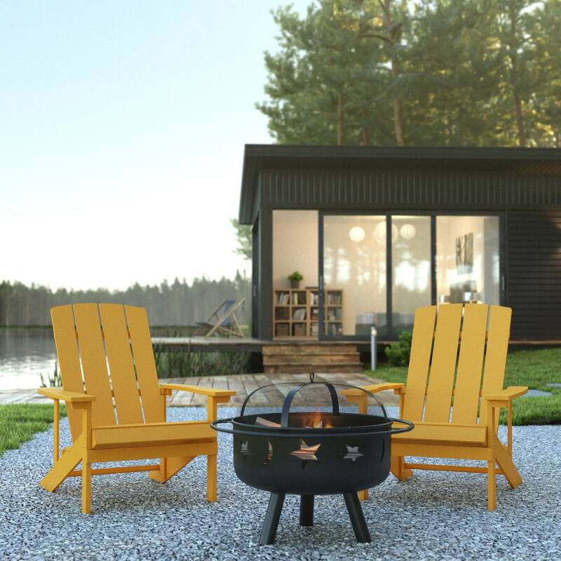 Star and Moon Fire Pit with Mesh Cover & 2 Poly Resin Adirondack Chairs - Yellow