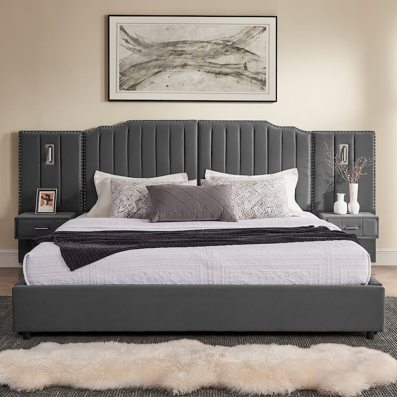 Upholstered Bed, Vertical Stripe Buttons Design Wingback Bed Frame, Velvet Fabric Platform Bed with Bedside Table