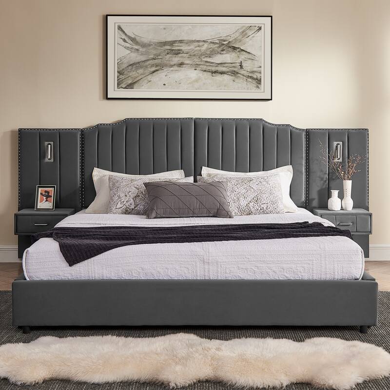 King Size Upholstered Bed Frame with Velvet Fabric, Vertical Stripe Design with Buttons Around King Size Platform Bed
