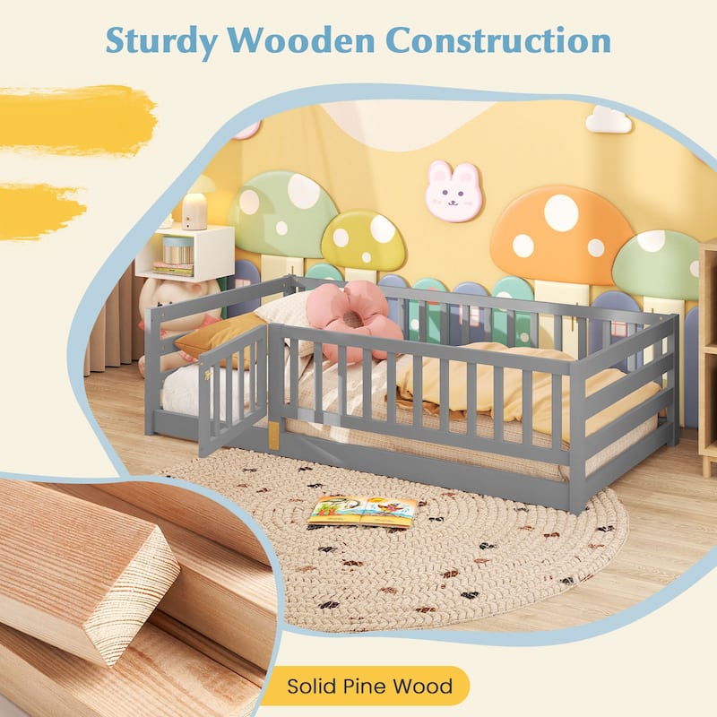 Montessori Solid Pine Wood Frame Twin Floor Bed with Safety Fence and Lockable Door No Slats