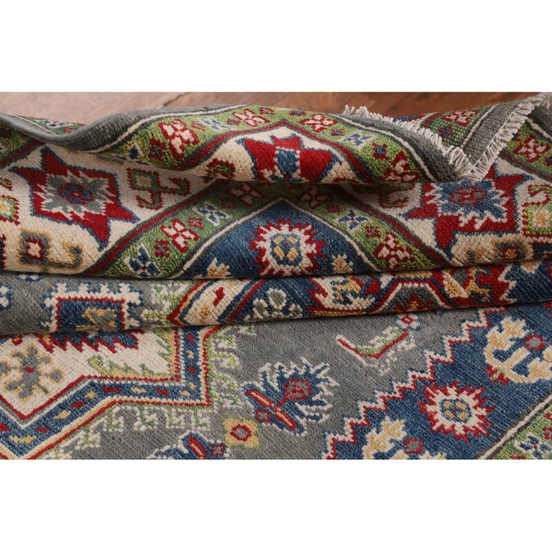 Geometric Kazak Rug Hand-Knotted Grey Wool Carpet - 4'11" x 6'9"