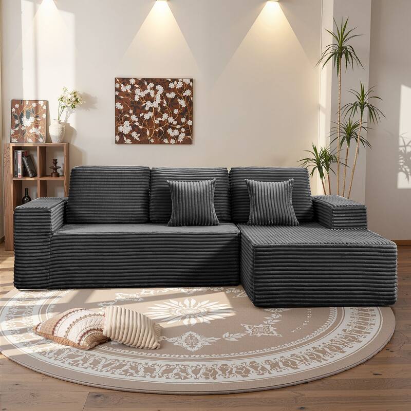 Gymojoy 108" Compressed Sofa Sectional Couch, 1400lbs Weight Capacity L-Shape Chaise Corduroy Couch for Living Room, No Assembly - Right Facing - Dark Gray