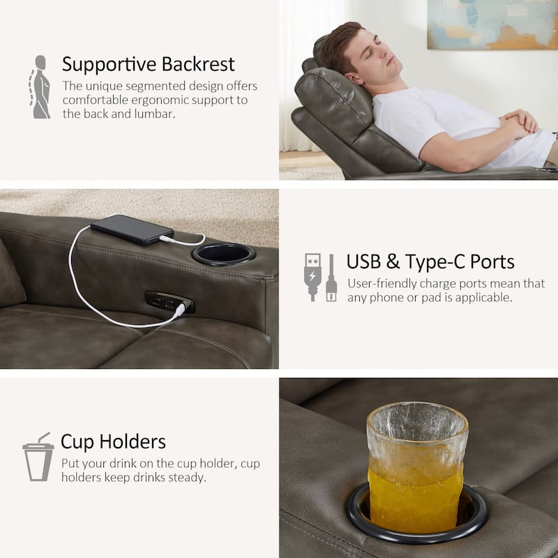 MCombo 62.6'' RV Recliner Loveseat Sofa with Console, Zero Wall Hugger Power Loveseat Recliner with USB Charge Ports, Outlet