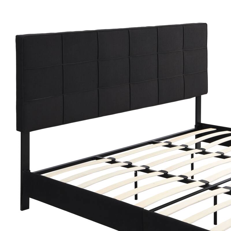 King Size Upholstered Bed Frame with Linen Headboard, Wood Slat Support, No Box Spring Needed