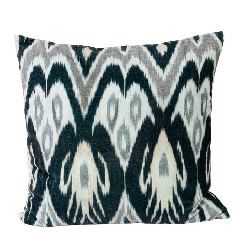 Cotton Velvet Ikat Printed Lumbar Pillow with Tassels and Chambray Back - 20" L x 20" H