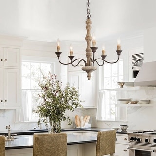 French Country 6-Light White Wood Chandelier – Adjustable Height, E12 Base, Dimmable, For Dining Room, Living Room, Kitchen, Foyer