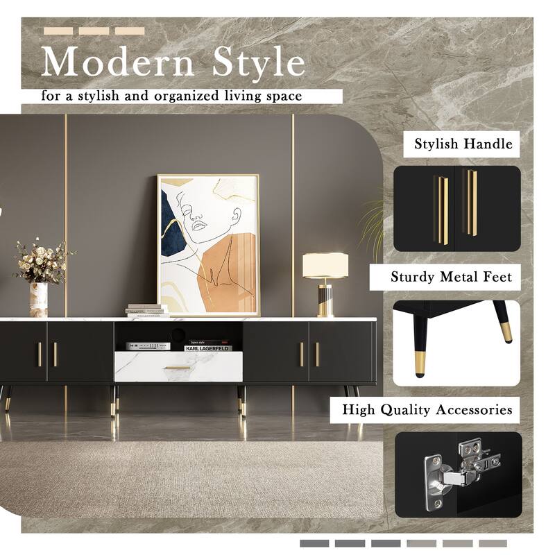 71'' Modern TV Stand for TVs Up to 80", Media Console with 2 Cabinets, Open Compartments & Drawer for Living Room