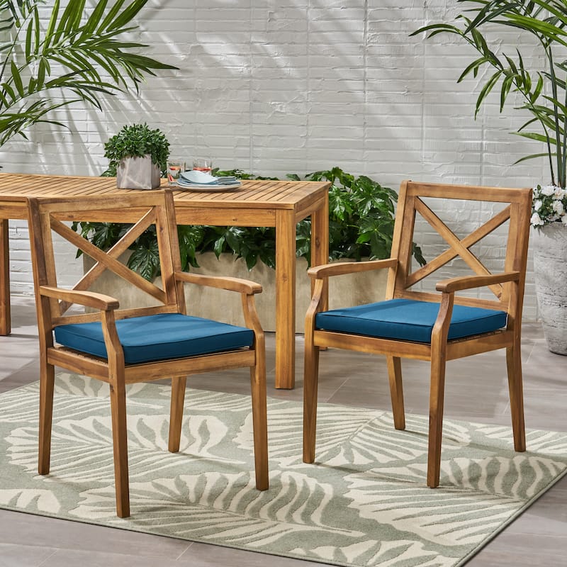 Perla Outdoor Acacia Wood Dining Chair (Set of 2) by Christopher Knight Home - teak + blue cushion