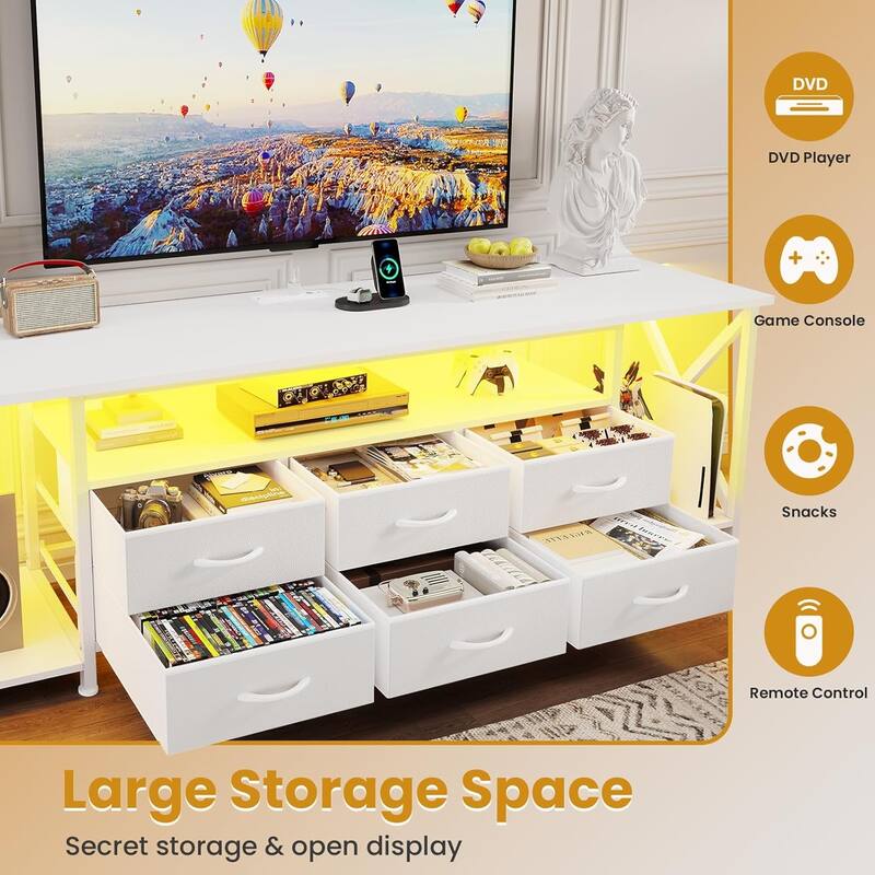 TV Stand with LED Lights Power Outlets Dresser Fabric Drawers Entertainment Center