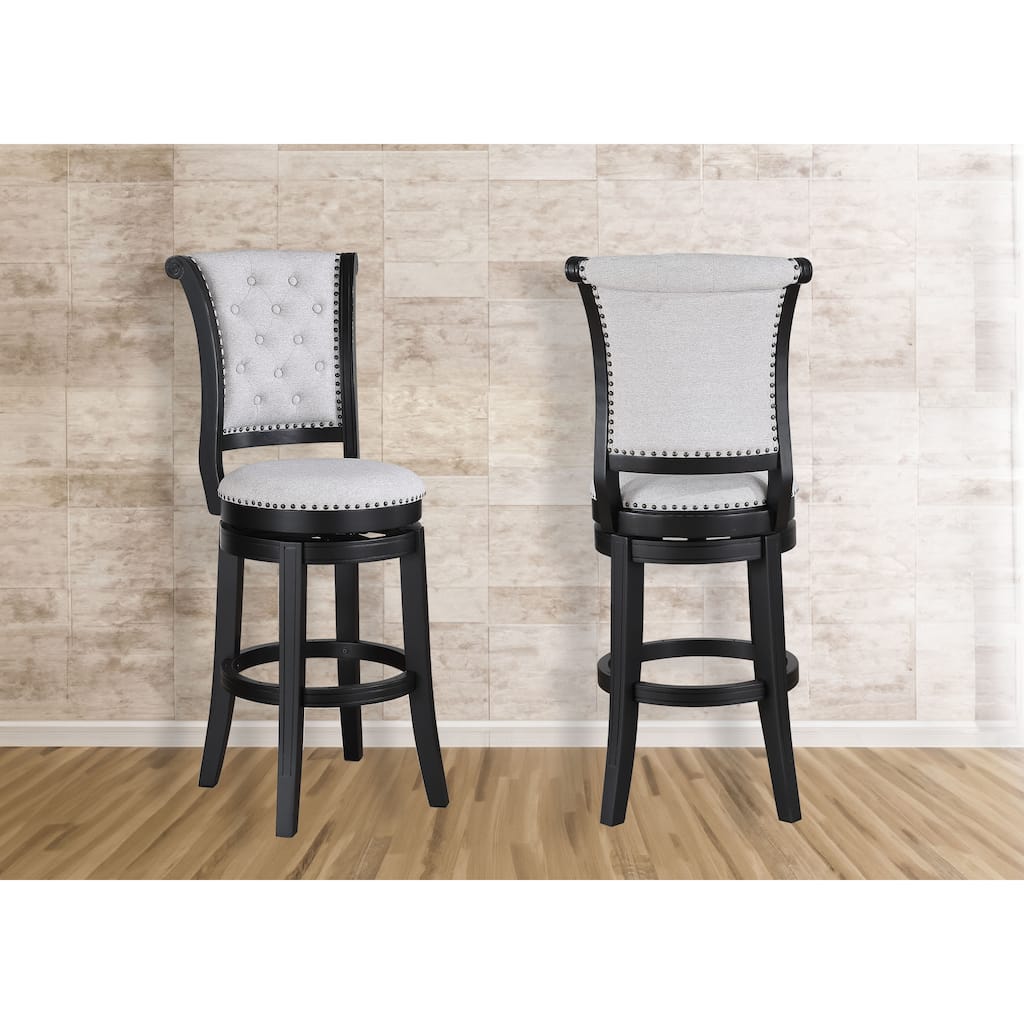 2pc Swivel Pub Stools Counter Height Chair Upholstered Seat Nailhead Trim Footrest Wooden Dining Room Furniture Black/Do