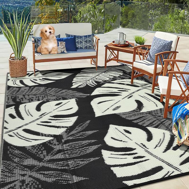 Outdoor Rug Waterproof Reversible Rug Modern Leaves Plastic Straw Area Rug