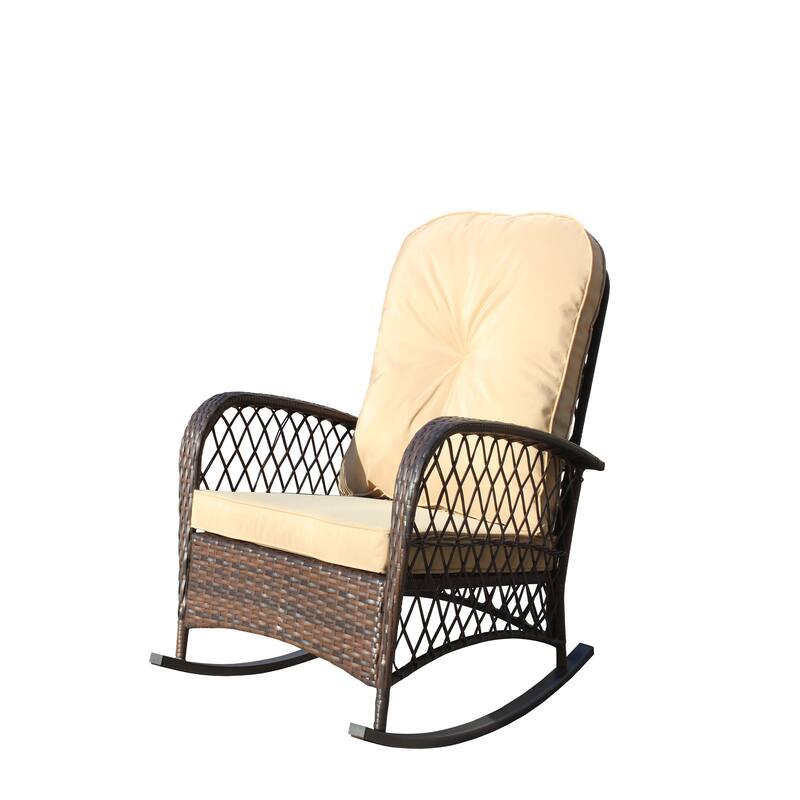Outdoor Wicker Rocking Chair with Wide Seat, All- Weather Rattan Armchair for Poolside, Garden, Porch, Backyard