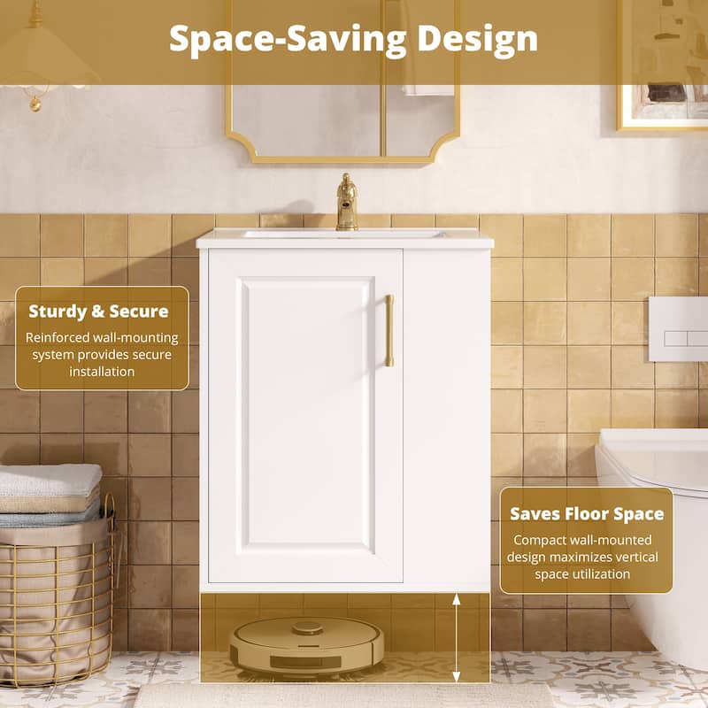 20" Wall Mounted Bathroom Vanity with Sink, Solid Pine & MDF Floating Cabinet with Side Storage & Soft-Close Door