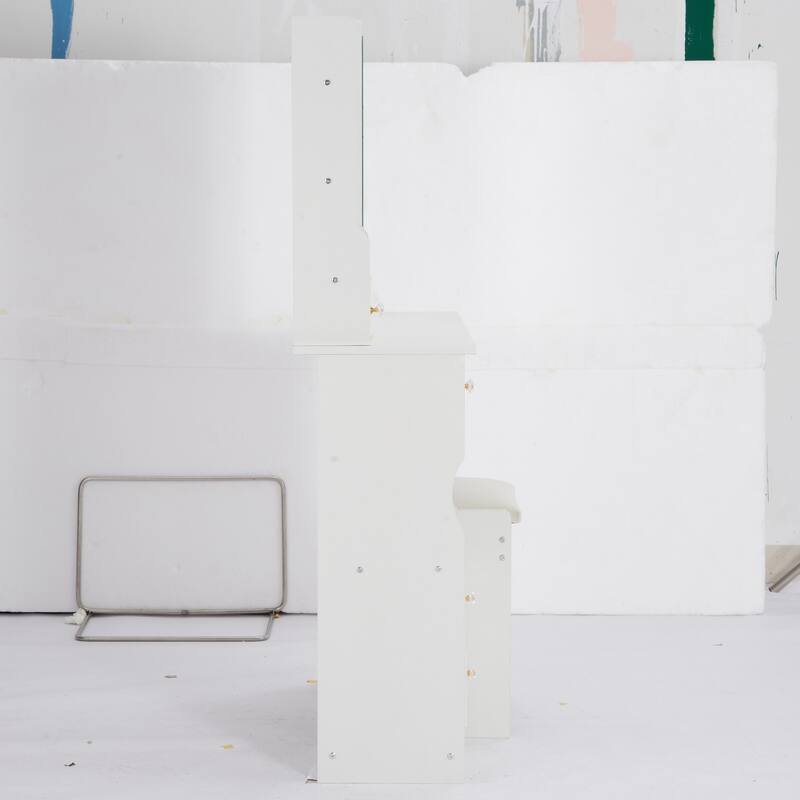 29.2" Small Space Left Drawer Desktop Vanity Table + Cushioned Stool, Extra Large Right sliding mirror