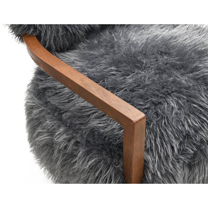 1pc Accent Chair Raked Wooden Arms Tight Back And Seat Soft Faux Fur Contemporary Living Room Furniture