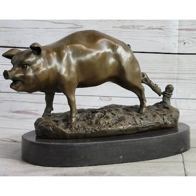 Cute Pig Hog Farm Animal Bronze Metal Statue Sculpture Figurine Decor Signed Art