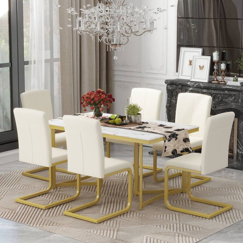 7pcs Dining Table Set, Rectangular Marble Sticker Table and 6 PU Leather Chairs with Golden Steel Pipe Legs(White)