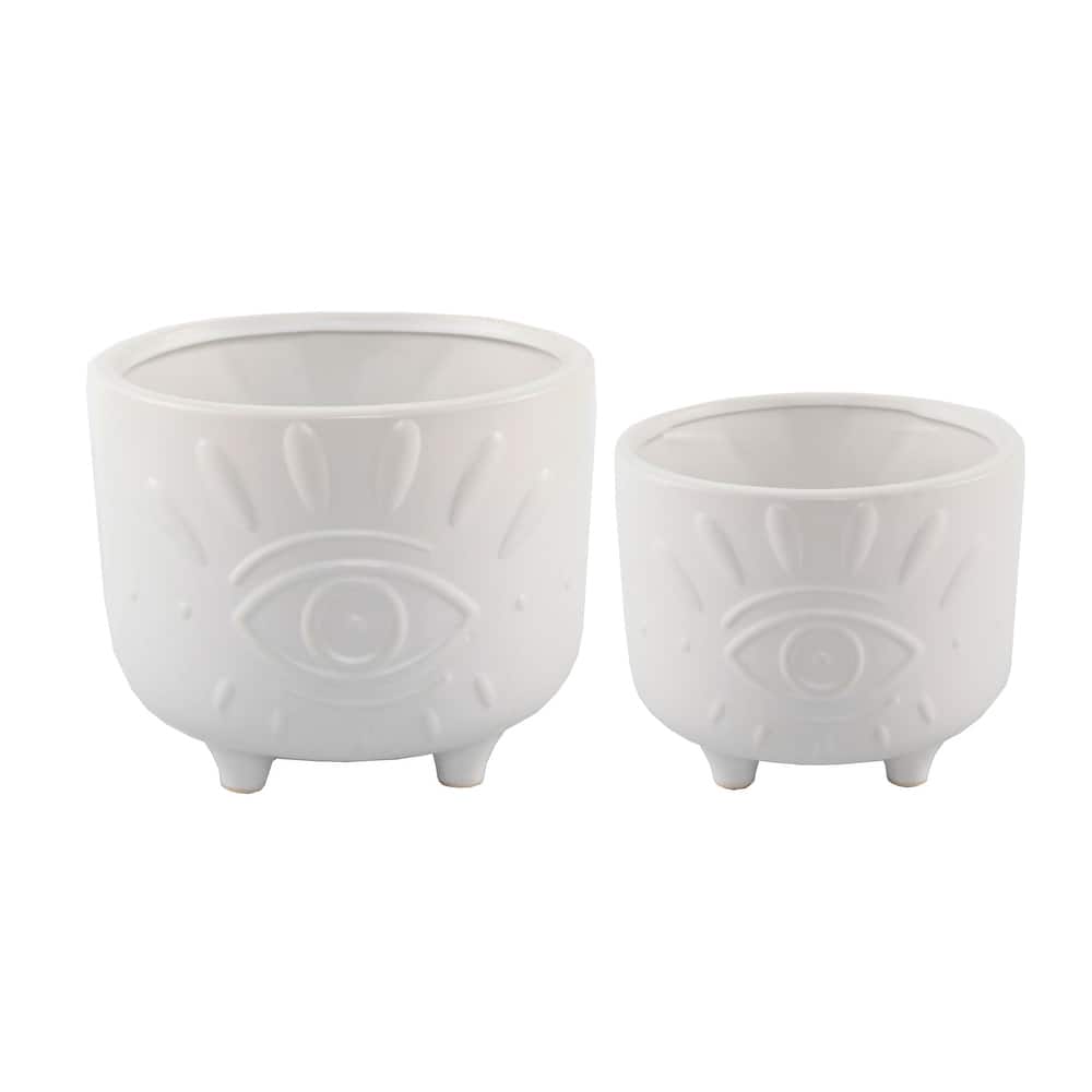 6IN & 4.75IN Evil Eye Ceramic Footed Planter,SET OF 2, Matte White