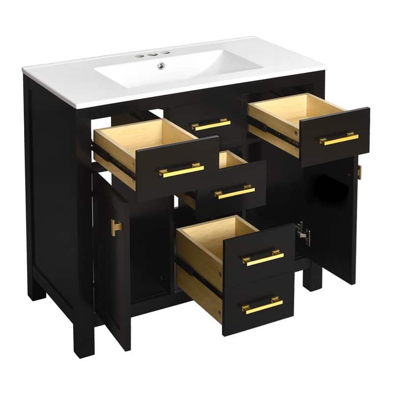 36" Modern Freestanding Bathroom Vanity Set - Ceramic Sink Combo with 4 Drawers & 2 Cabinets, Solid Wood Frame Storage Cabinet‌.