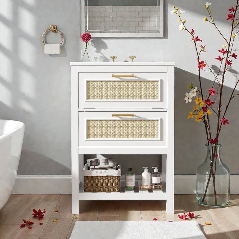 24" Bathroom Vanity with Integrated Ceramic Sink, Cabinet with Deep Drawer & Tip-Out Drawer