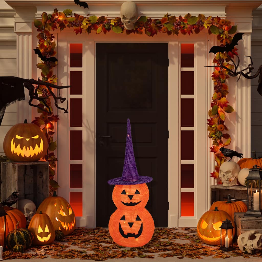 Pop Up Lighted Tinsel Stacked Jack-O-Lanterns Halloween Decoration - 30"