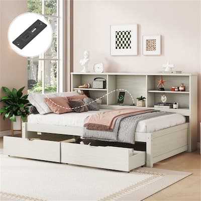 Twin Size Wooden Daybed Frame with Bookshelves, Drawers, USB Port